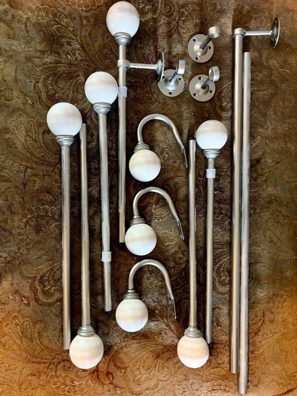 Pottery Barn Kids Silver Curtain Rod Set with White Marble-Effect Globe Finials